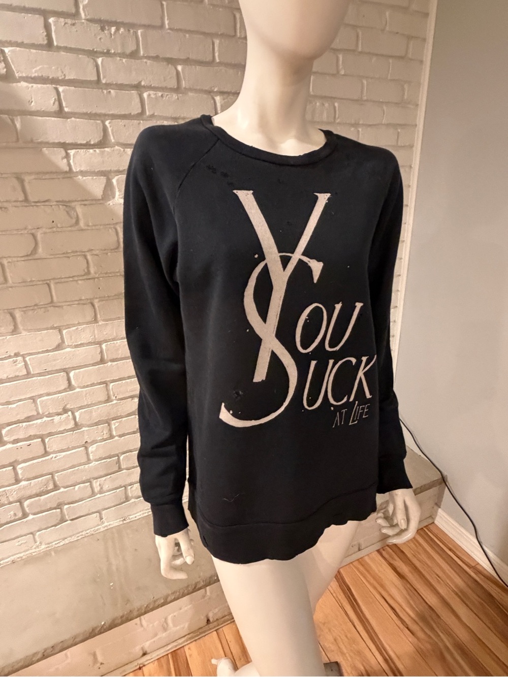 UNIF “You Suck at Life” Distressed Graphic Sweatshirt Black Size S NWOT - Picture 3 of 16